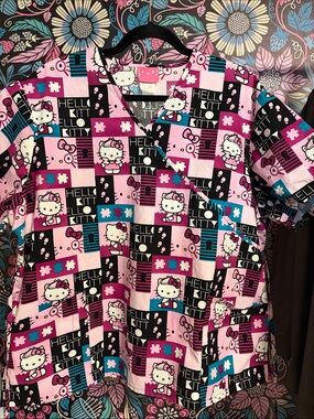 Hello Kitty Pink Black Blue Patchwork Short Sleeve Scrub Top